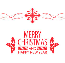 Congratulation postcard with Merry Christmas and Happy New Year vector. Paper card with red pattern of snowflake and leaves with lines and points