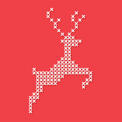 Christmas embroidery cross-stitch with rudolph, santa claus helper, jolly jumping. White on red background. Merry Christmas greeting card, napkin, poster, banner ...