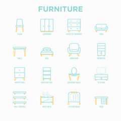Furniture thin line icons set: dressing table, sofa, armchair, wardrobe, chair, table, bookcase, bad, clothes rack, desk, wall shelves. Elements of interior. Modern vector illustration.