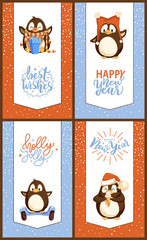 Christmas and New Year cards with funny penguins. Arctic birds in scarf and hats with bubo, mitten and gift box, gyroscooter and ice cream vector
