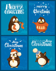 Merry Christmas penguin wearing sweater with pine tree print vector. Animal with socks, holding ice cream eating dessert, seabird in Santa hat skating