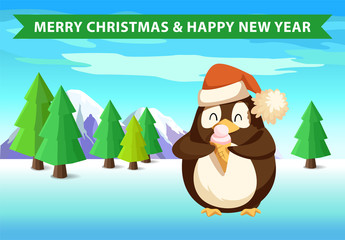 Penguin in forest with ice cream, Christmas and New Year banner. Firs and spruces, mountains and bird in Santa hat with sweet treat in waffle cone vector