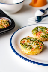 Healthy breakfast egg muffins with cheese, tomato and green veggetable, easy and healthy food concept