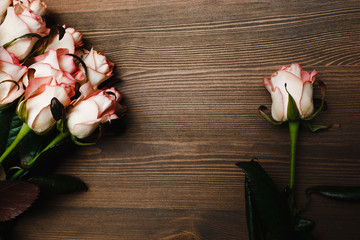 Pink roses on the wooden surface