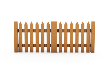 Brown wooden fence isolated on white background with parallel plank old. Object with clipping path 3d render