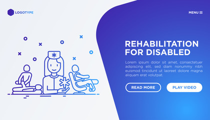 Rehabilitation for disabled web page template: physiotherapist with patients. Thin line icons: massage, simulator. Vector illustration.