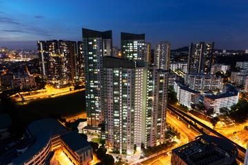 Fototapeta na wymiar Singapore housing estate cityscape during blue hour in Singapore