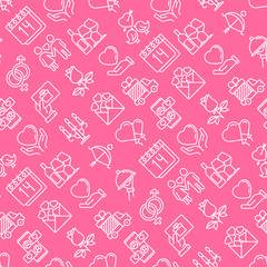 Valentine's day seamless pattern with thin line icons: couple in love, romantic evening, cupid bow, balloons, envelope, gift card, candles, love message, gift delivery. Modern vector illustration.