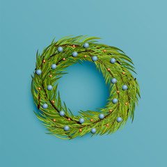 Realistic wreath with gold ribbon for Christmas, vector illustration