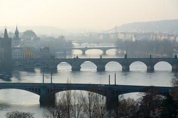 Morning view of bridges and Vltava River from observation deck of Ganavsky pavilion, Prague, Czech Republic - obrazy, fototapety, plakaty