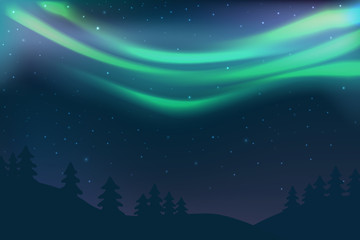 Naklejka premium Night sky with aurora over spruce forest in winter, green north light with stars, polar light glowing, polar streamers. Vector