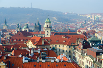Beautiful view from above of historical center of Prague (Stare Mesto) on sunny day, Czech Republic