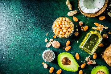 Healthy vegan fat food sources, omega3, omega6 ingredients - almond, pecan, hazelnuts, walnuts, olive oil, chia seeds, avocado, coconut,  banner copy space