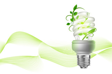 eco lamp with green leaves on white background