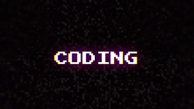 Intentional digital artifact injection fx animation, decoding a noisy scambled 8-bit text: coding.
