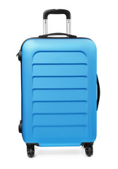 Front view of blue plastic suitcase