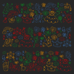 Princess birthday party for little girls. Kindergarten, school children picture. Illustration for children with castle, fairy, dress, crown.