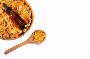 Calendula essential oil bottle - Calendula officinalis. White background