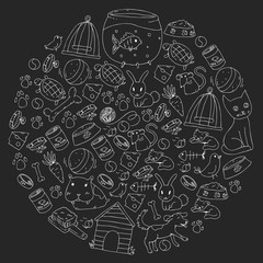 Pet shop. Vector illustration with animals, dog, cat, fish, Colorful background with kitten, bird, puppy. Veterinarian clinic.