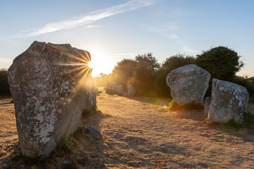 French landscape - Bretagne. A field with several menhirs at sunrise.