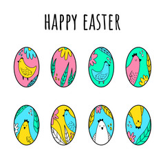 Vector set of 8 Easter eggs. Doodle style. Chicken and flowers