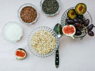 Food Healthy breakfast Background Diet organic and vegetarian view Natural fruit health concept Space Granola bowl