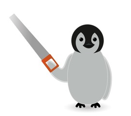 penguin holding saw machine in hand