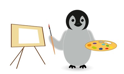 penguin is ready to start great painting in the canvas