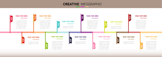 Time line for 1 year, 12 months, Timeline infographics design vector 12 steps and Presentation business can be used for Business concept with 12 options, steps or processes.