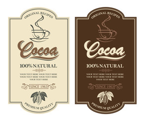 collection of labels with cocoa beans, branch and leaves