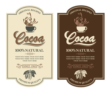 collection of labels with cocoa beans, branch and leaves