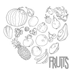 Heart shape of fresh exotic fruits. Vector graphics
