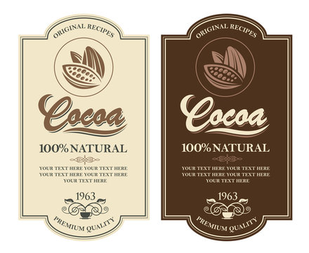 collection of labels with cocoa beans, branch and leaves
