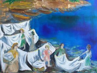 Rural laundresses washing bedclothes on seashore painting