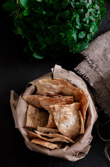 ingredients for mushroom cream soup: mushrooms, Basil, bread