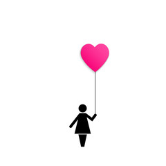 Icon of a woman holding red pink air balloon heart isolated on white background.