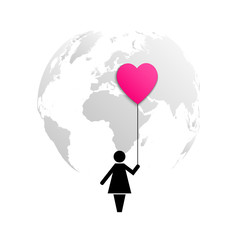 Planet Earth and icon of a woman holding red pink air balloon heart isolated on white background.