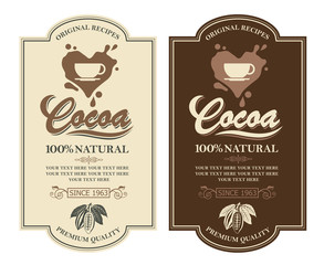 Obraz premium collection of labels with cocoa beans, branch and leaves