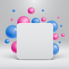 Blank white template with colorful balls floating around for advertising, vector illustration