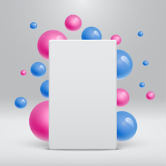 Blank white template with colorful balls floating around for advertising, vector illustration