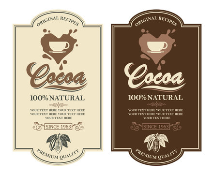 collection of labels with cocoa beans, branch and leaves