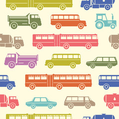 Seamless baby pattern with cute cars. Vector bright illustration for kids. Seamless childrens background for wallpapers or textile.