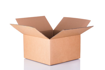 Isolated shot of opened blank cardboard box on white background