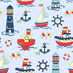 Fototapeta na wymiar Seamless baby pattern with cute shps in ocean. Vector bright illustration with boats in the sea for kids. Seamless childrens background for wallpapers or textile.