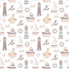 Seamless baby pattern with cute shps in ocean. Vector bright illustration with boats in the sea for kids. Seamless childrens background for wallpapers or textile.