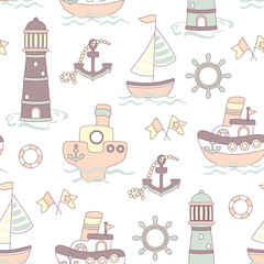 Obraz na płótnie Canvas Seamless baby pattern with cute shps in ocean. Vector bright illustration with boats in the sea for kids. Seamless childrens background for wallpapers or textile.