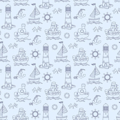 Seamless baby pattern with cute shps in ocean. Vector bright illustration with boats in the sea for kids. Seamless childrens background for wallpapers or textile.