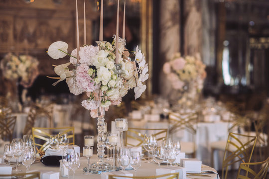 wedding decorations with flowers and candles. banquet decor. picture with soft focus