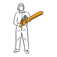 man holding chainsaw with safety vector illustration sketch doodle hand drawn with black lines isolated on white background. Carpentry tool.