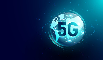 New 5G internet communication, global network wireless on world map background .Element of this image furnished by Nasa